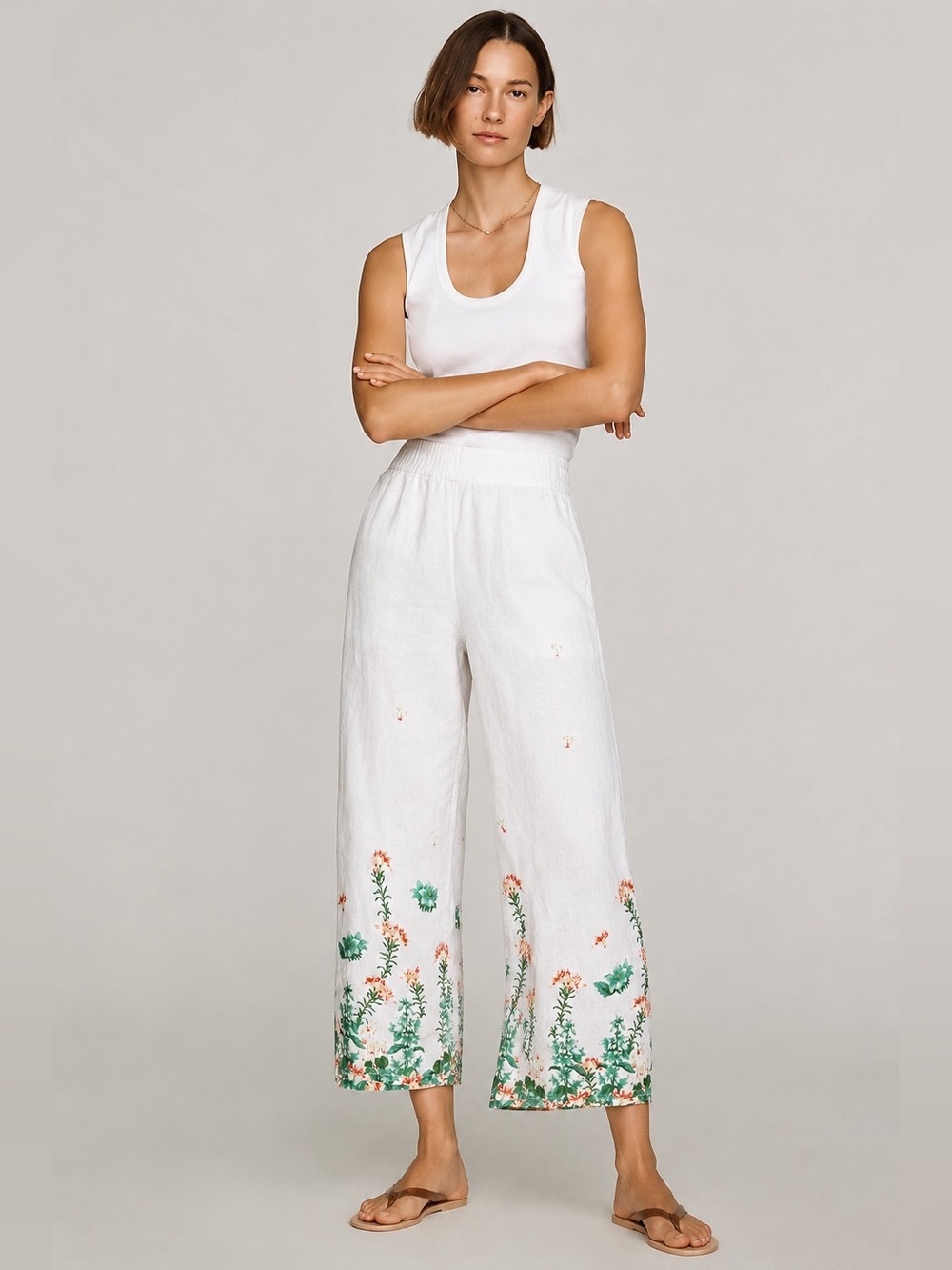 White Linen Floral Wide Leg Cropped  Pull On Pants Garden Border Print
